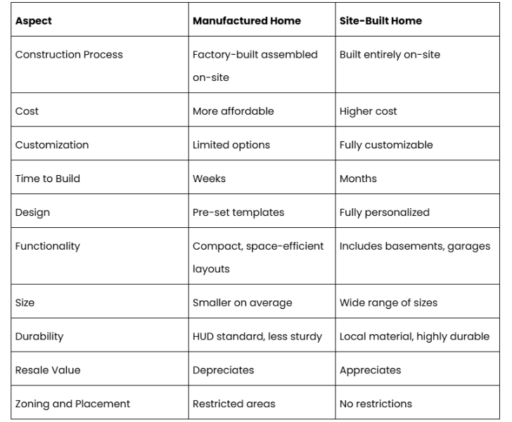 Difference Between Manufactured Home and Site Built Home Comparison Table